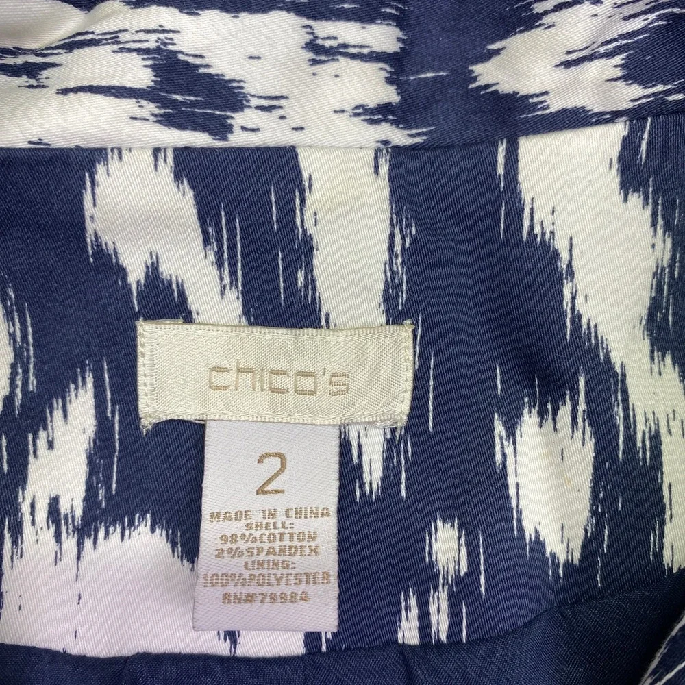 Chico's Eileen Navy White Ikat Print Blazer Jacket Sz 2‎ Cotton Blend 3-Button